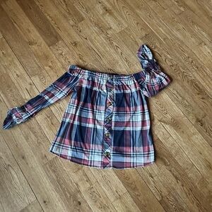 Belle Tweed Off-Shoulder Long Sleeve Top NWOT Pink Blue Plaid Small